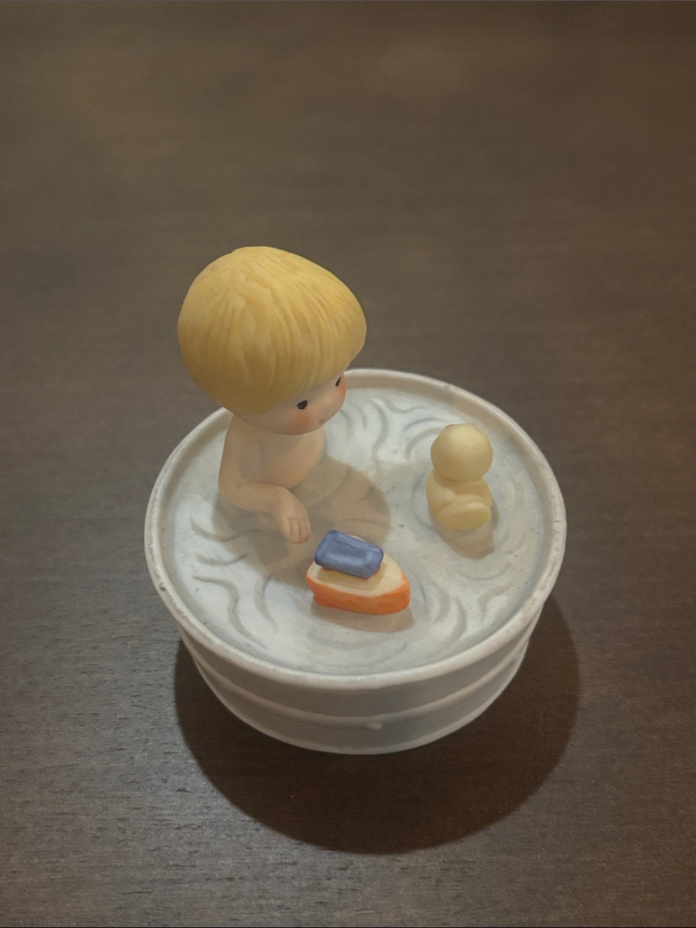 Country Cousins: Mini Ceramic Bath Figurine with Blonde Child and Duck